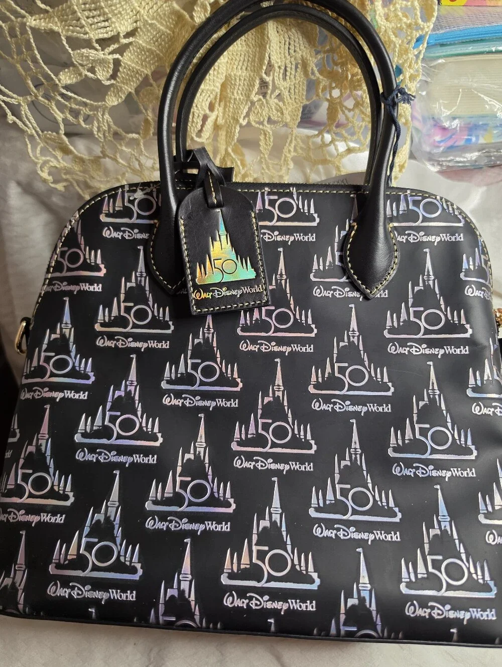 New Disney Dooney & Bourke Walt Disney World 50th Anniversary Black Holo Satchel